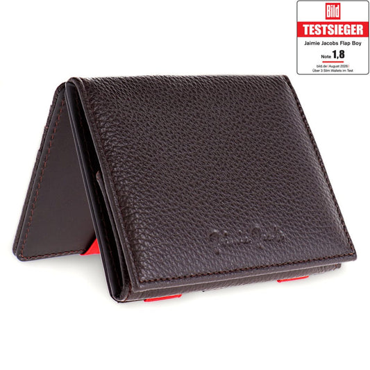 Jaimie Jacobs Geldbeutel Portemonnaie Grained Leather Brown with Red Flap Boy - Magic Wallet with Coin Pocket - Limited Edition Flap Boy Magic Wallet with Coin Pocket Limited Edition 