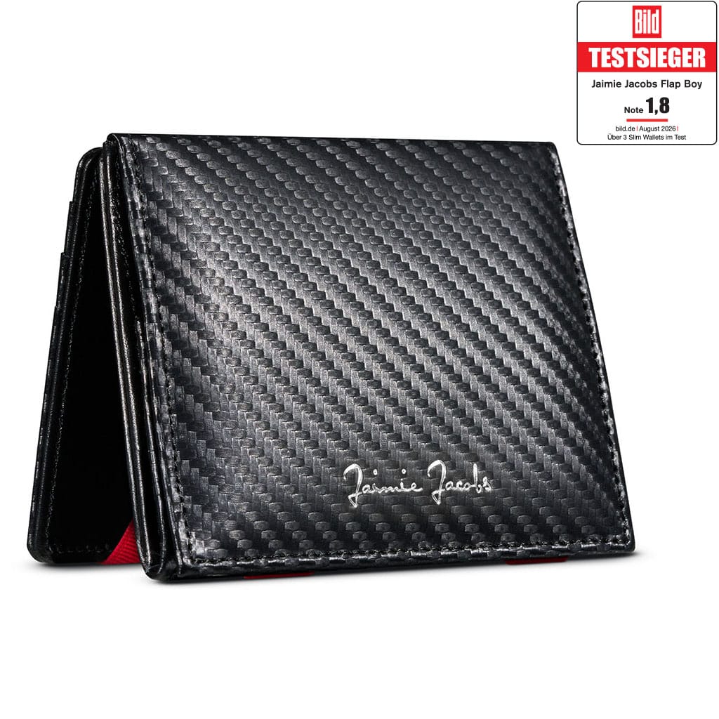 Jaimie Jacobs Geldbeutel Portemonnaie Carbon with Red Flap Boy - Magic Wallet with Coin Pocket Flap Boy Magic Wallet with Coin Pocket Genuine Leather