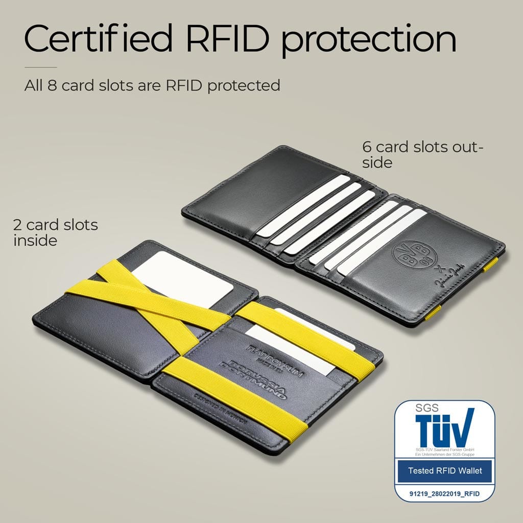 Jaimie Jacobs Geldbeutel Portemonnaie Black with Yellow Flap Boy Slim Borussia Dortmund Edition - Magic Wallet without Coin Pocket Flap Boy Slim Borussia Dortmund Edition Magic Wallet